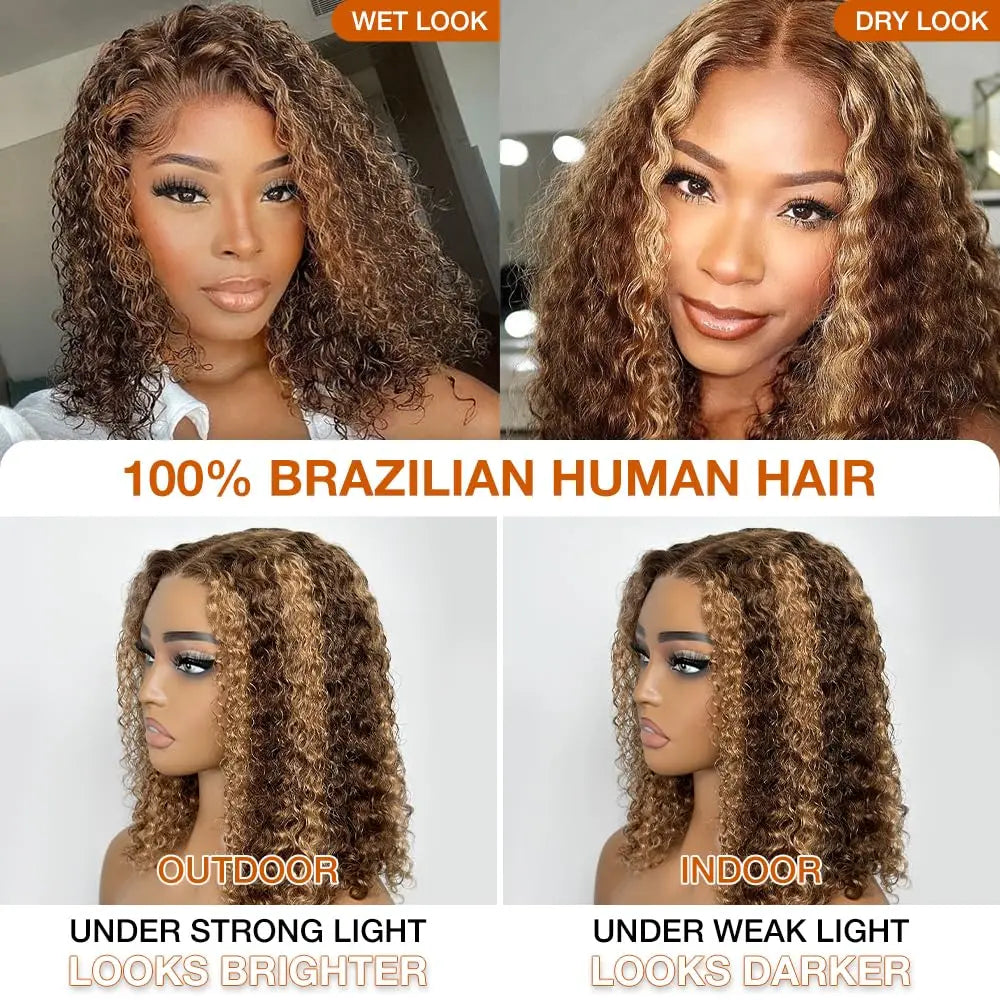 Perruque Bouclée Highlight Blonde – Cheveux Humains, Sans Colle, Dentelle HD 5x5