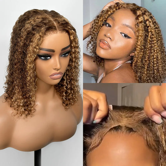 Perruque Bouclée Highlight Blonde – Cheveux Humains, Sans Colle, Dentelle HD 5x5