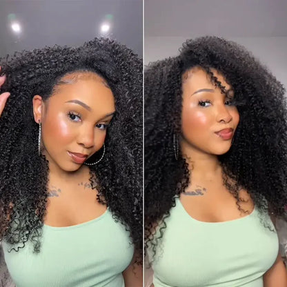 Demi-perruque bouclée 180%, cheveux naturels crépus bouclés, naissance des cheveux Invisible 3 en 1, avec cordon de serrage, sans couture