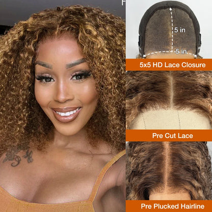 Perruque Bouclée Highlight Blonde – Cheveux Humains, Sans Colle, Dentelle HD 5x5