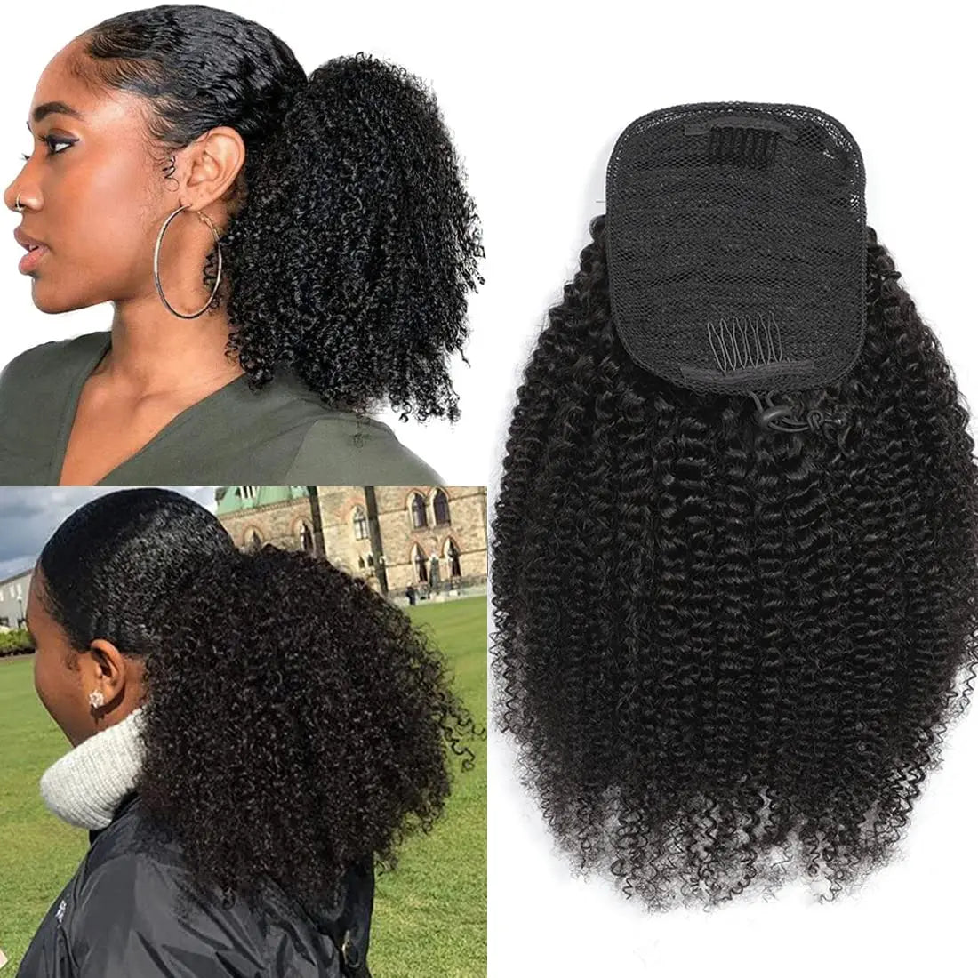Postiche  Afro Kinky Curly 🌀 | Ponytail Cheveux Humains Mongols Remy | Clip & Cordon | 10-24 Pouces