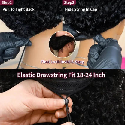 Perruque Afro crépue bouclée sans colle 250% cheveux humains 3 en 1, demi-perruque avec cordon de serrage, Clip sans couture, Style rabattable