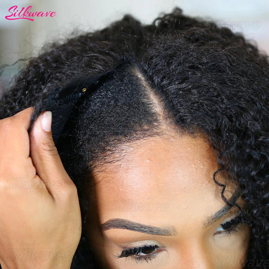 Perruque en cheveux humains V-Part, bouclée crépue sans colle,