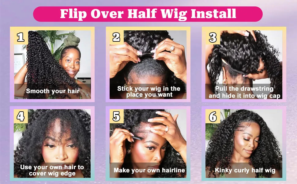 Perruque Afro crépue bouclée sans colle 250% cheveux humains 3 en 1, demi-perruque avec cordon de serrage, Clip sans couture, Style rabattable