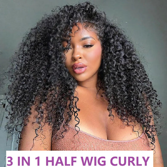 Demi-perruque bouclée 180%, cheveux naturels crépus bouclés, naissance des cheveux Invisible 3 en 1, avec cordon de serrage, sans couture