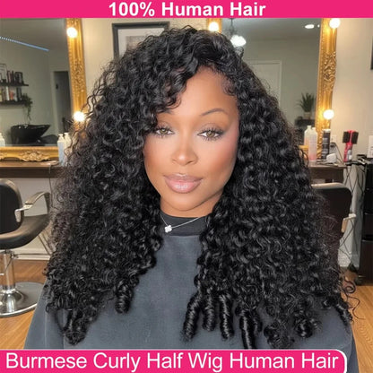 Demi-Perruque Bouclée 3-en-1 – Cheveux Humains Birmans | Sans Colle | Prête à Porter | 18 à 38 Pouces