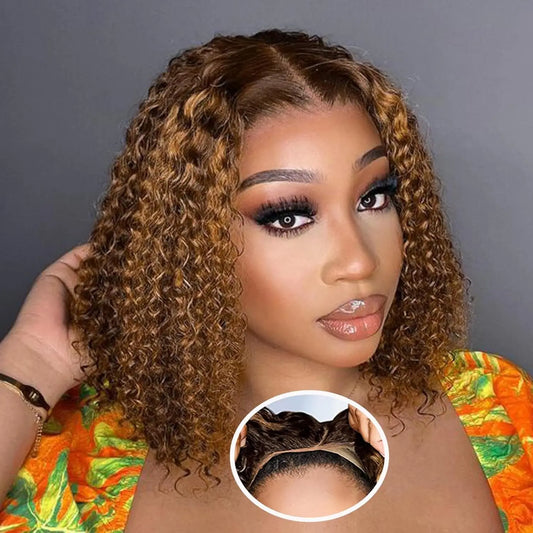 Perruque Bouclée Highlight Blonde – Cheveux Humains, Sans Colle, Dentelle HD 5x5