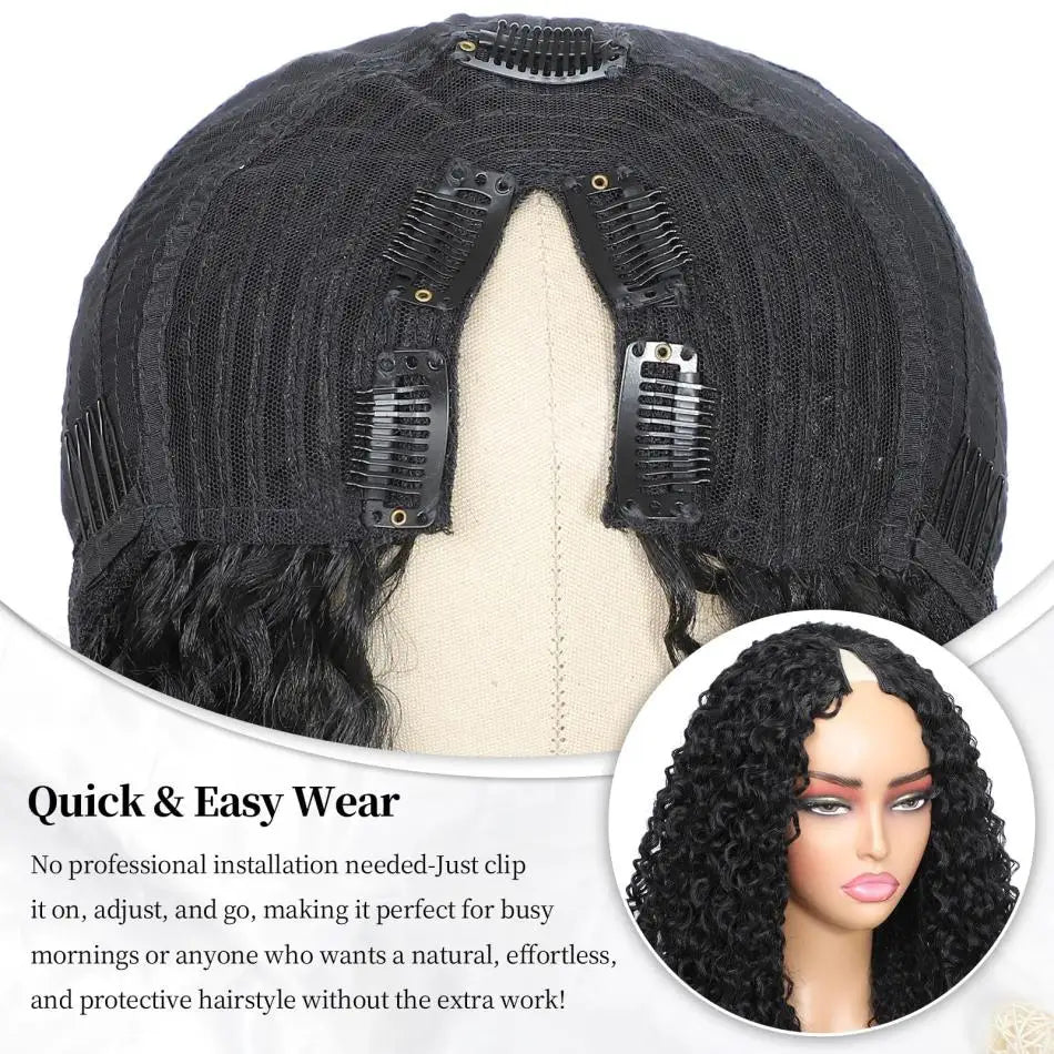 Perruque en cheveux humains V-Part, bouclée crépue sans colle,