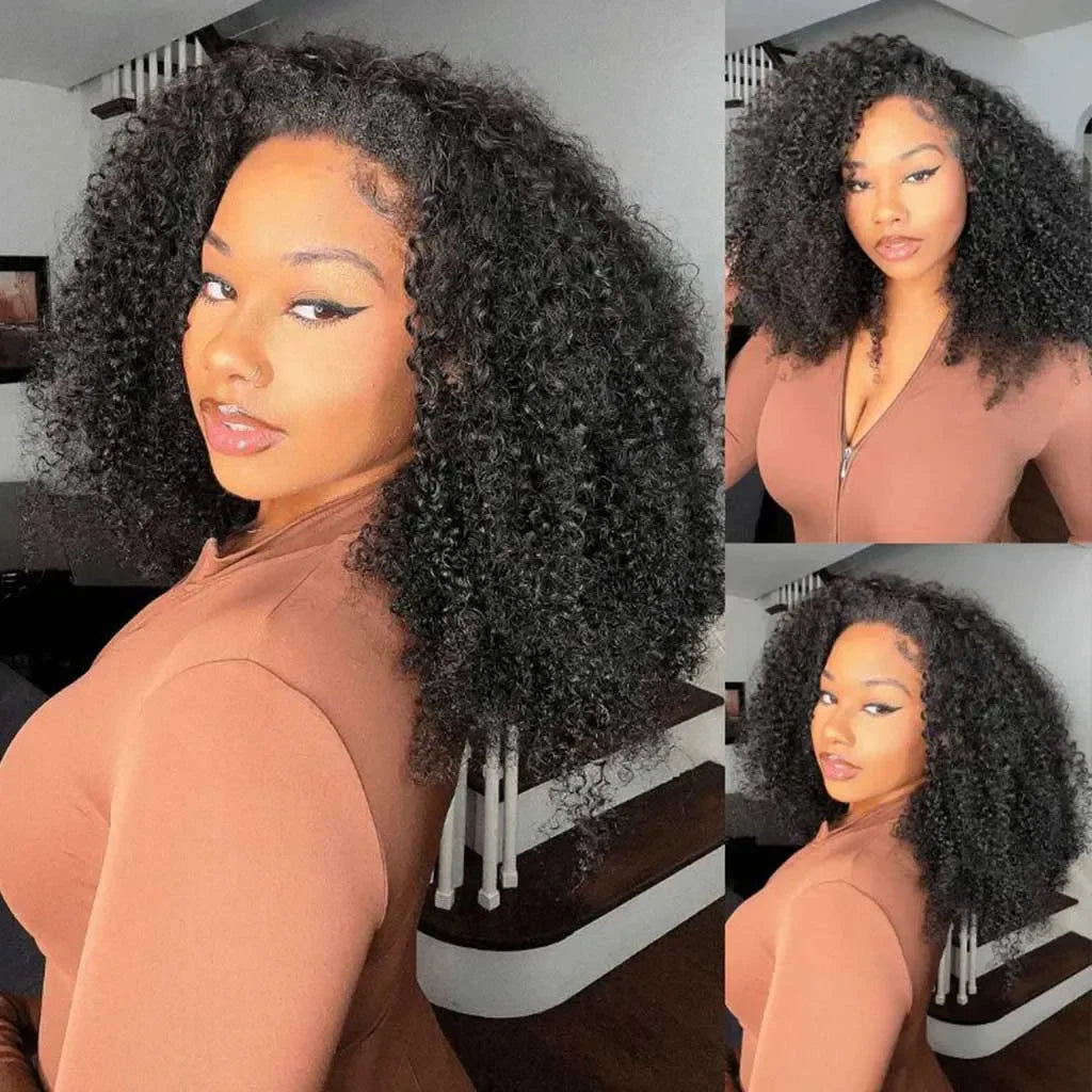 Demi-perruque bouclée 180%, cheveux naturels crépus bouclés, naissance des cheveux Invisible 3 en 1, avec cordon de serrage, sans couture