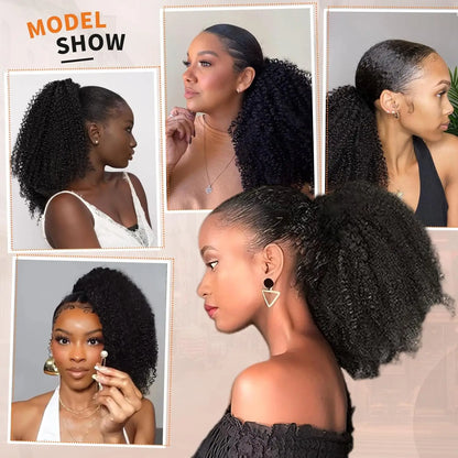Postiche  Afro Kinky Curly 🌀 | Ponytail Cheveux Humains Mongols Remy | Clip & Cordon | 10-24 Pouces
