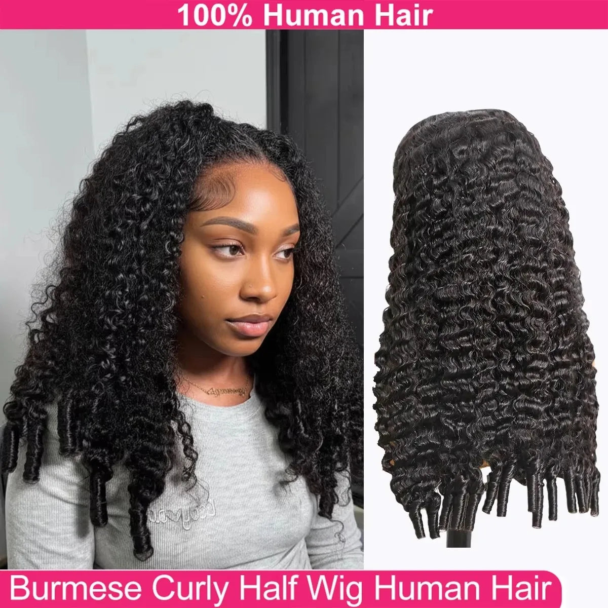 Demi-Perruque Bouclée 3-en-1 – Cheveux Humains Birmans | Sans Colle | Prête à Porter | 18 à 38 Pouces