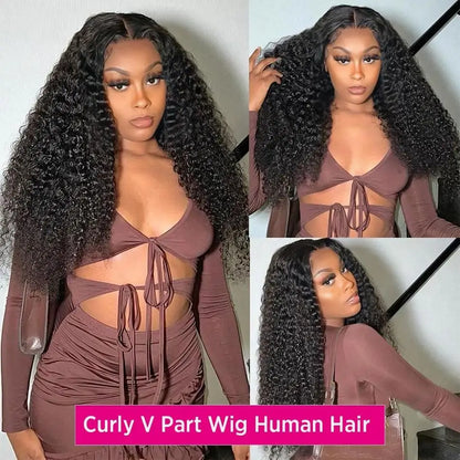 Perruque en cheveux humains V-Part, bouclée crépue sans colle,