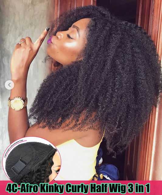 Perruque Afro crépue bouclée sans colle 250% cheveux humains 3 en 1, demi-perruque avec cordon de serrage, Clip sans couture, Style rabattable