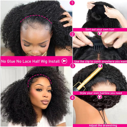 Perruque Afro crépue bouclée sans colle 250% cheveux humains 3 en 1, demi-perruque avec cordon de serrage, Clip sans couture, Style rabattable