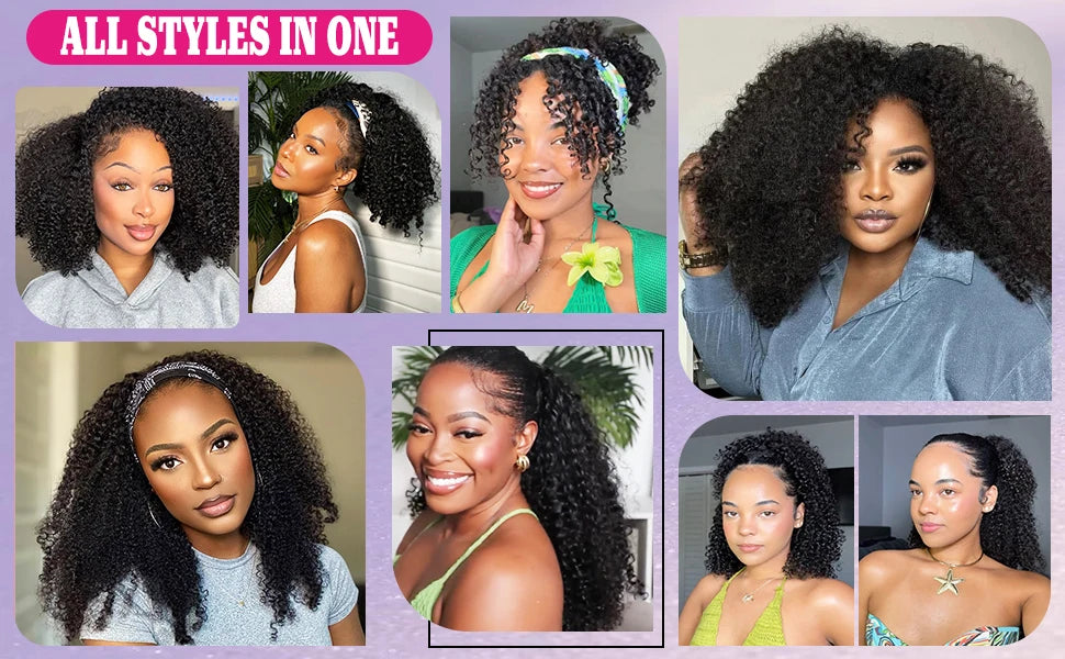 Perruque Afro crépue bouclée sans colle 250% cheveux humains 3 en 1, demi-perruque avec cordon de serrage, Clip sans couture, Style rabattable