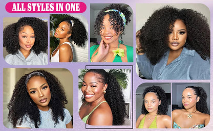 Perruque Afro crépue bouclée sans colle 250% cheveux humains 3 en 1, demi-perruque avec cordon de serrage, Clip sans couture, Style rabattable