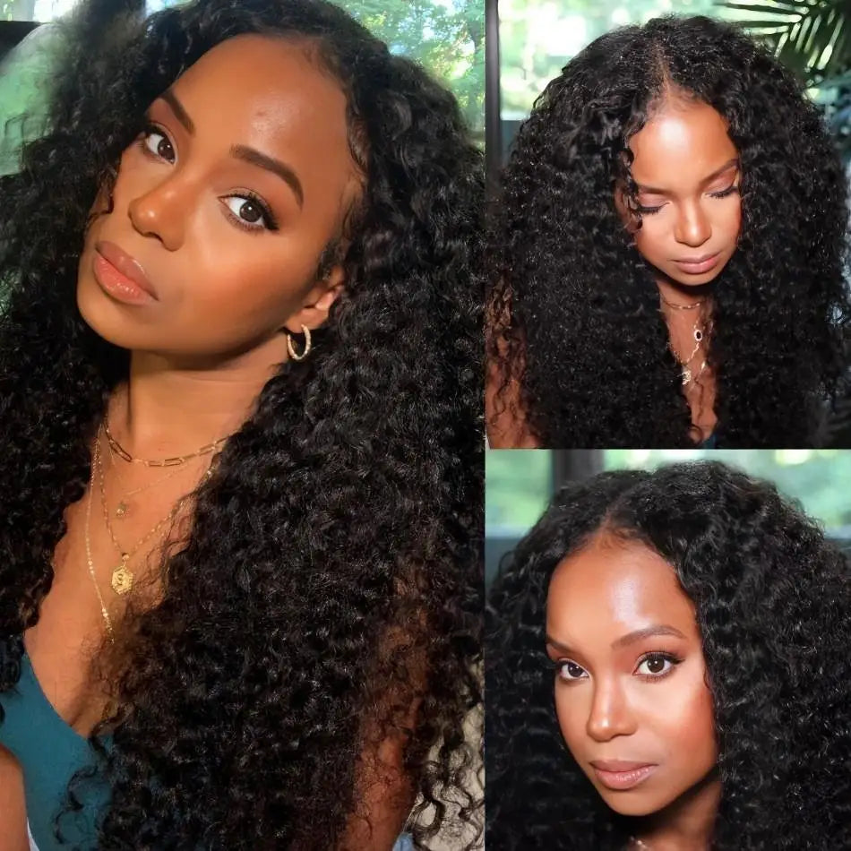 Perruque en cheveux humains V-Part, bouclée crépue sans colle,