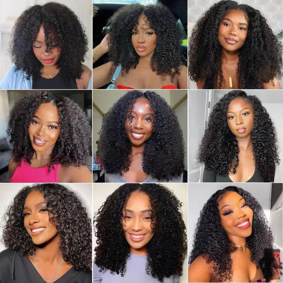 Perruque en cheveux humains V-Part, bouclée crépue sans colle,