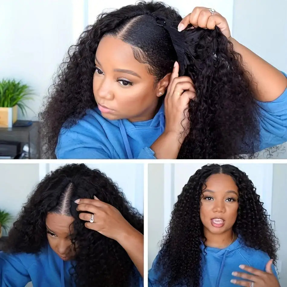Perruque en cheveux humains V-Part, bouclée crépue sans colle,