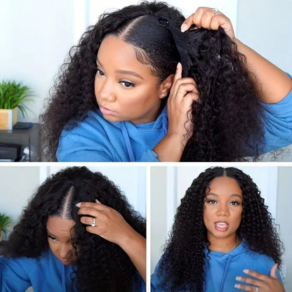Perruque en cheveux humains V-Part, bouclée crépue sans colle,