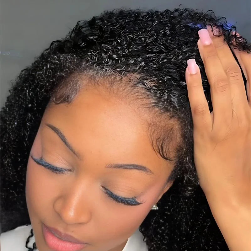Demi-perruque bouclée 180%, cheveux naturels crépus bouclés, naissance des cheveux Invisible 3 en 1, avec cordon de serrage, sans couture
