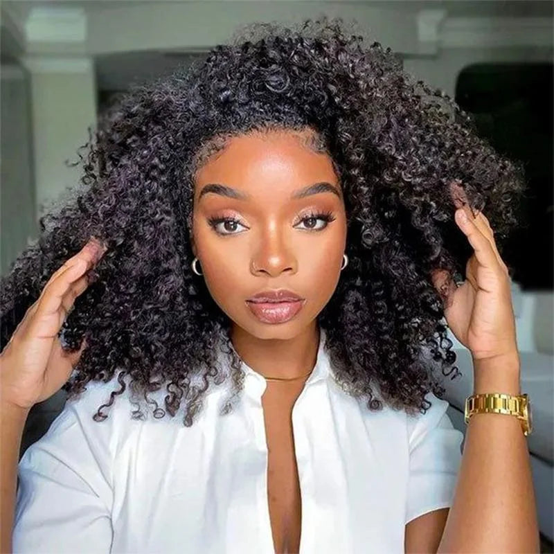 Demi-perruque bouclée 180%, cheveux naturels crépus bouclés, naissance des cheveux Invisible 3 en 1, avec cordon de serrage, sans couture