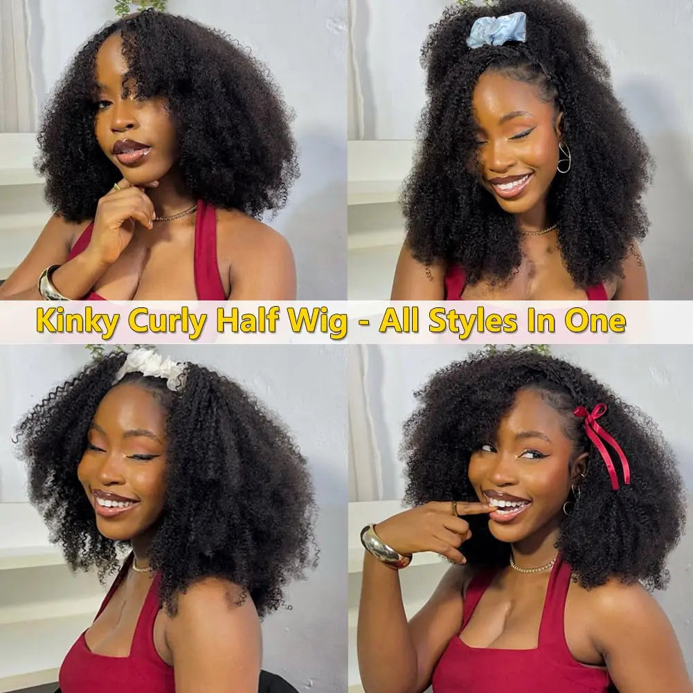 Perruque Afro crépue bouclée sans colle 250% cheveux humains 3 en 1, demi-perruque avec cordon de serrage, Clip sans couture, Style rabattable