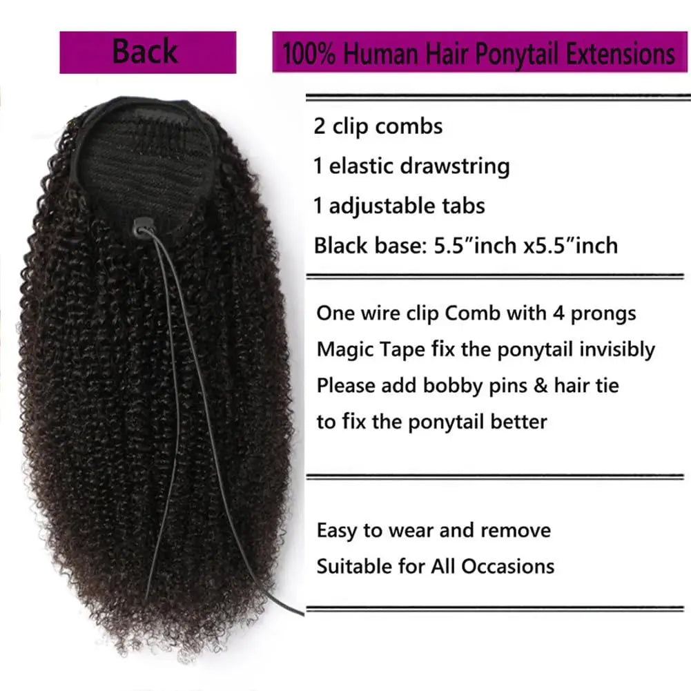 Postiche  Afro Kinky Curly 🌀 | Ponytail Cheveux Humains Mongols Remy | Clip & Cordon | 10-24 Pouces