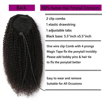 Postiche  Afro Kinky Curly 🌀 | Ponytail Cheveux Humains Mongols Remy | Clip & Cordon | 10-24 Pouces