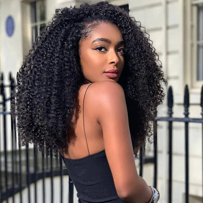 Demi-perruque bouclée 180%, cheveux naturels crépus bouclés, naissance des cheveux Invisible 3 en 1, avec cordon de serrage, sans couture