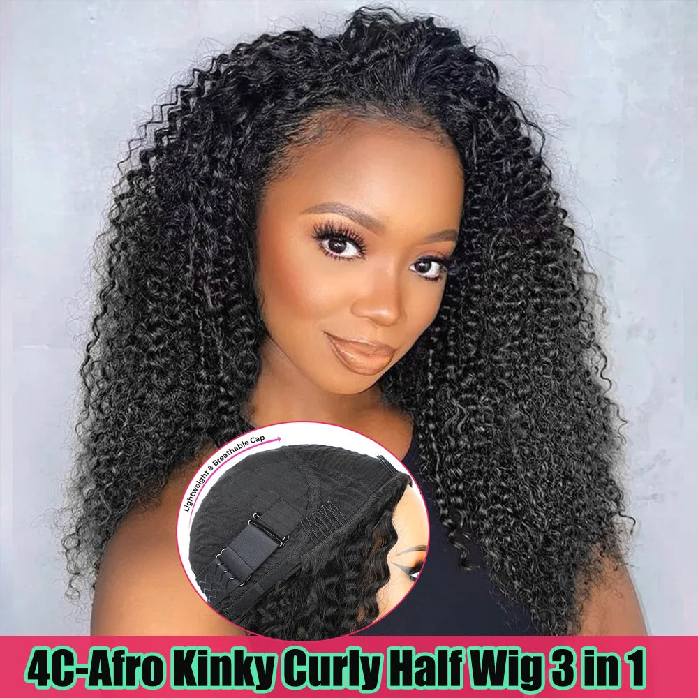 Perruque Afro crépue bouclée sans colle 250% cheveux humains 3 en 1, demi-perruque avec cordon de serrage, Clip sans couture, Style rabattable