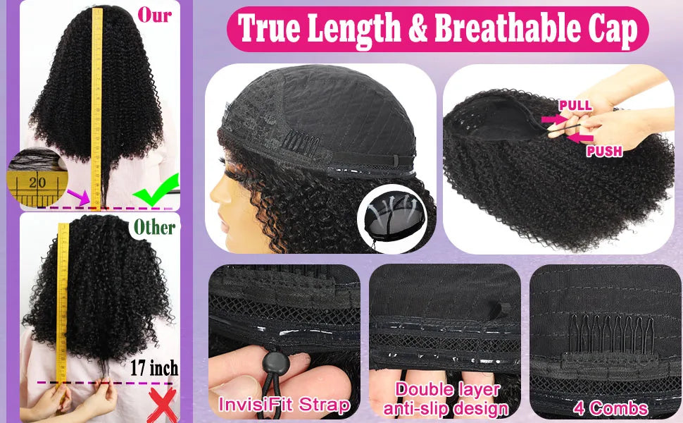 Perruque Afro crépue bouclée sans colle 250% cheveux humains 3 en 1, demi-perruque avec cordon de serrage, Clip sans couture, Style rabattable