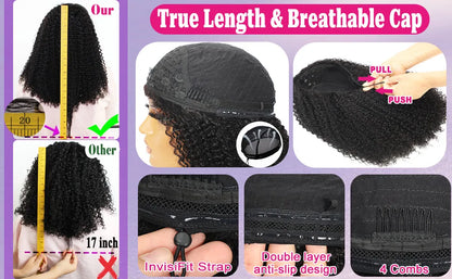 Perruque Afro crépue bouclée sans colle 250% cheveux humains 3 en 1, demi-perruque avec cordon de serrage, Clip sans couture, Style rabattable