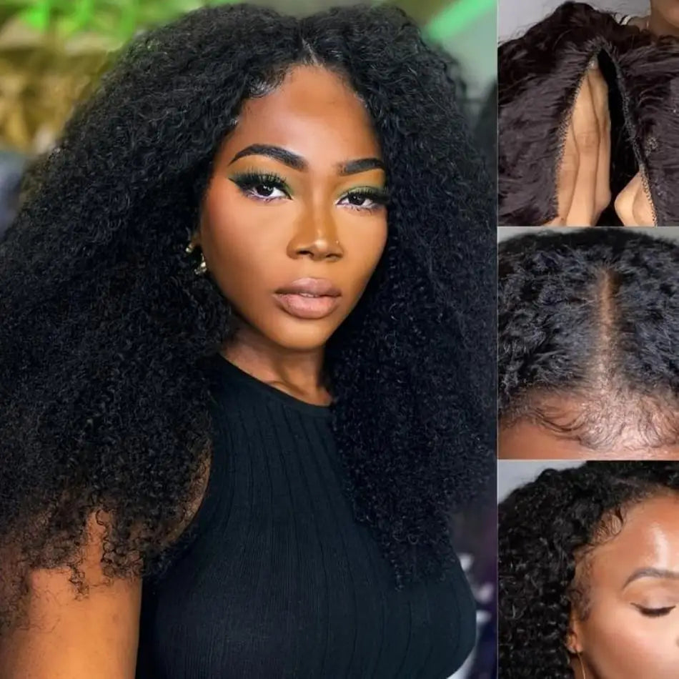 Perruque en cheveux humains V-Part, bouclée crépue sans colle,